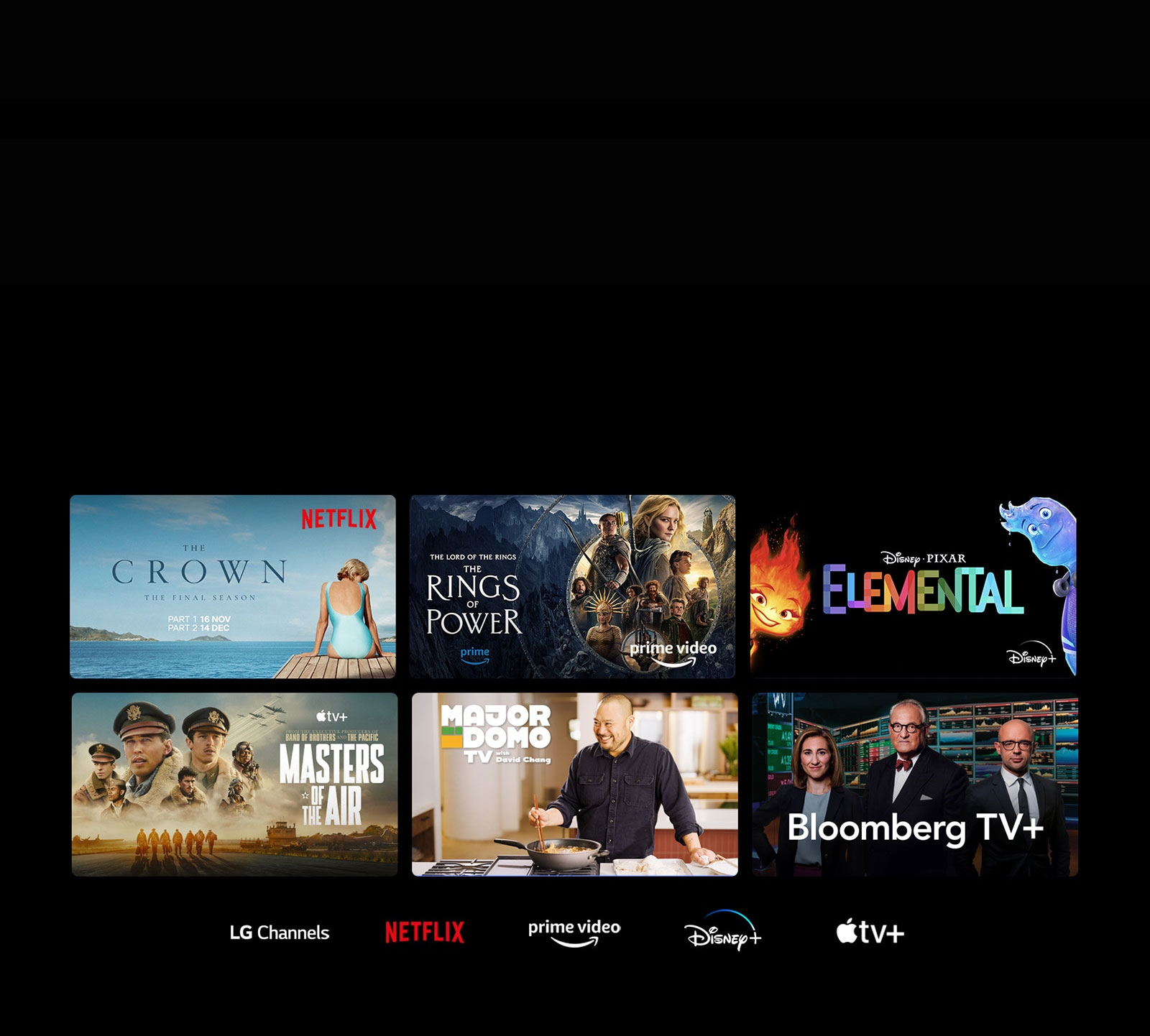Se muestran seis miniaturas de películas y programas de televisión y los logotipos de LG Channels, Netflix, Prime Video, Disney+ y Apple TV+ se encuentran debajo.