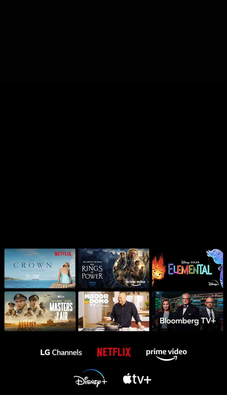 Se muestran seis miniaturas de películas y programas de televisión y los logotipos de LG Channels, Netflix, Prime Video, Disney+ y Apple TV+ se encuentran debajo.