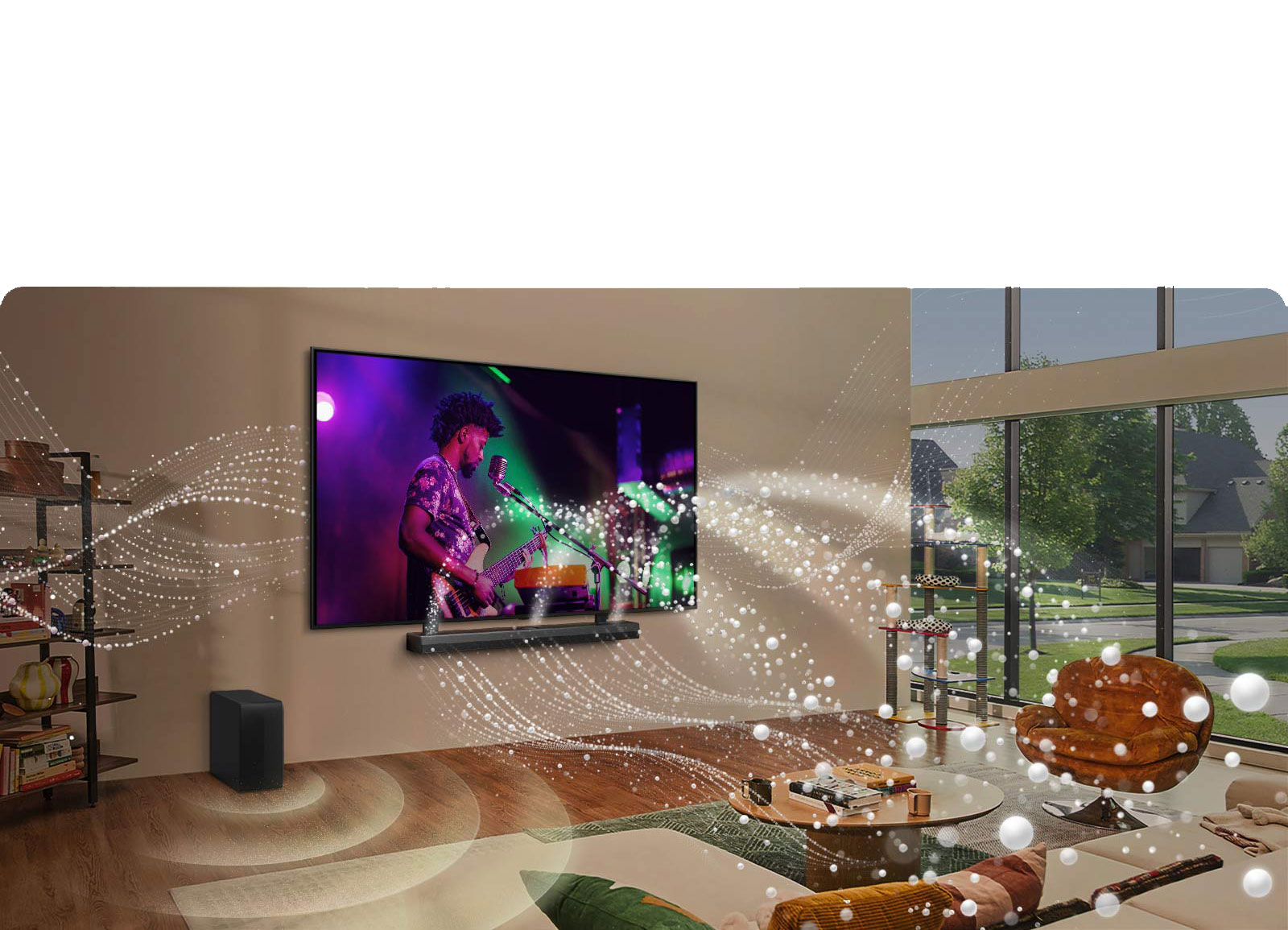 En la pantalla se reproduce un acogedor concierto en una sala de estar. El menú de la interfaz WOW aparece como una superposición y el usuario accede a la configuración de la barra de sonido.