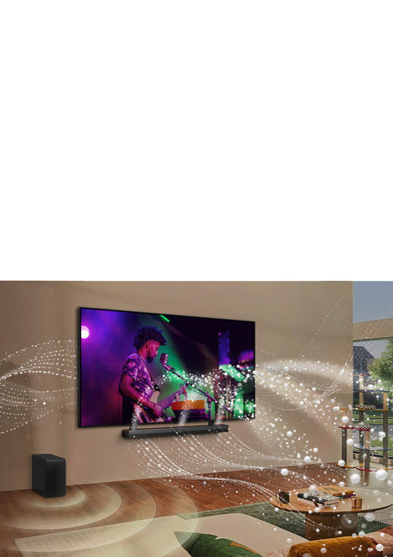 En la pantalla se reproduce un acogedor concierto en una sala de estar. El menú de la interfaz WOW aparece como una superposición y el usuario accede a la configuración de la barra de sonido.