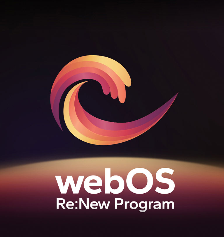 El logotipo de webOS se encuentra en el centro sobre un fondo negro y el espacio debajo está iluminado con los colores del logotipo: rojo, naranja y amarillo. Las palabras "webOS Re:New Program" se encuentran debajo del logotipo.