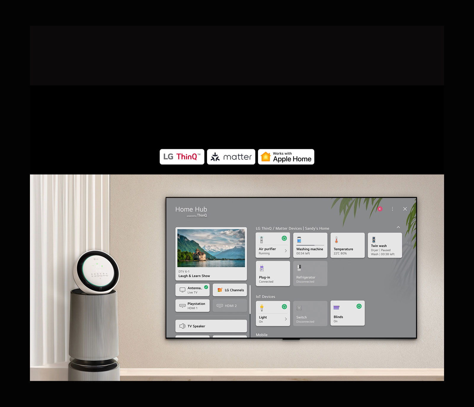 Un logotipo de LG ThinQ™, Matter y Apple Home. Un televisor LG montado en una pared y un LG PuriCare™ Objet Collection 360° a la izquierda. El televisor muestra Home Hub y el cursor hace clic en "Purificador de aire" y se activa LG PuriCare™ Objet Collection 360°.