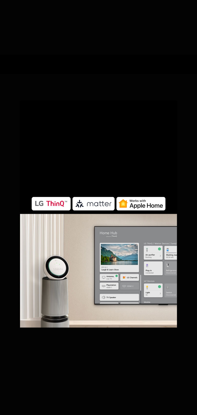 Un logotipo de LG ThinQ™, Matter y Apple Home. Un televisor LG montado en una pared y un LG PuriCare™ Objet Collection 360° a la izquierda. El televisor muestra Home Hub y el cursor hace clic en "Purificador de aire" y se activa LG PuriCare™ Objet Collection 360°.