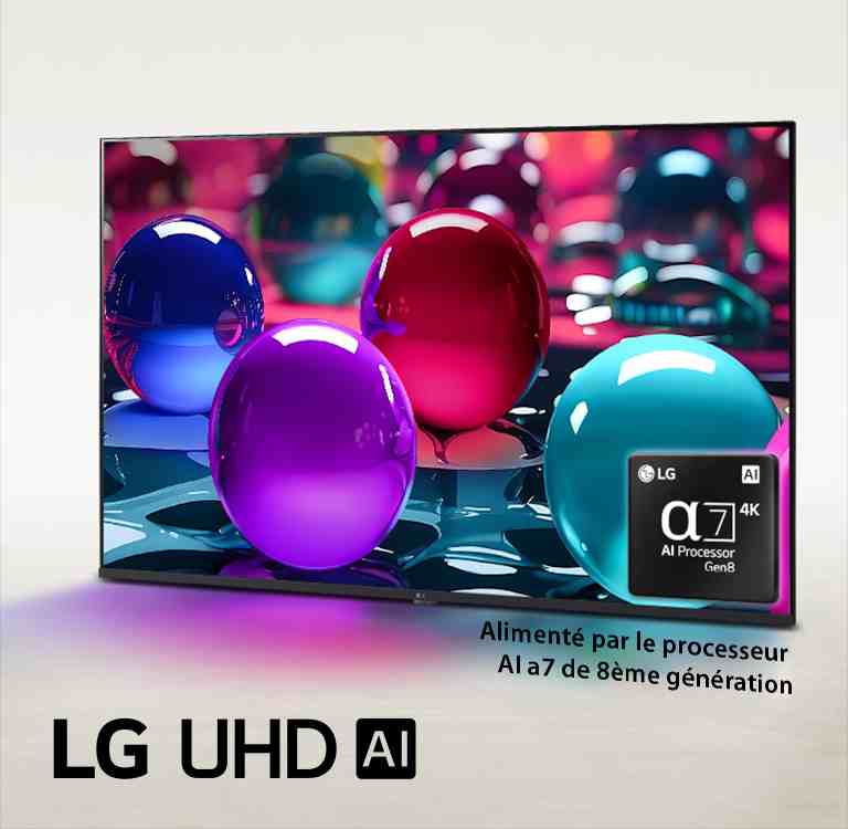 La LG UHD TV est légèrement inclinée vers la gauche et représente des marbres colorés placés dans différentes couleurs, rose, bleu et violet. Le logo processeur alpha 7 AI de 8ème génération est situé dans le coin inférieur droit de la TV. Le logo du LG UHD AI se trouve dans le coin en bas à gauche. Le texte est également visible, alimenté par le processeur alpha 7 AI de 8ème génération.