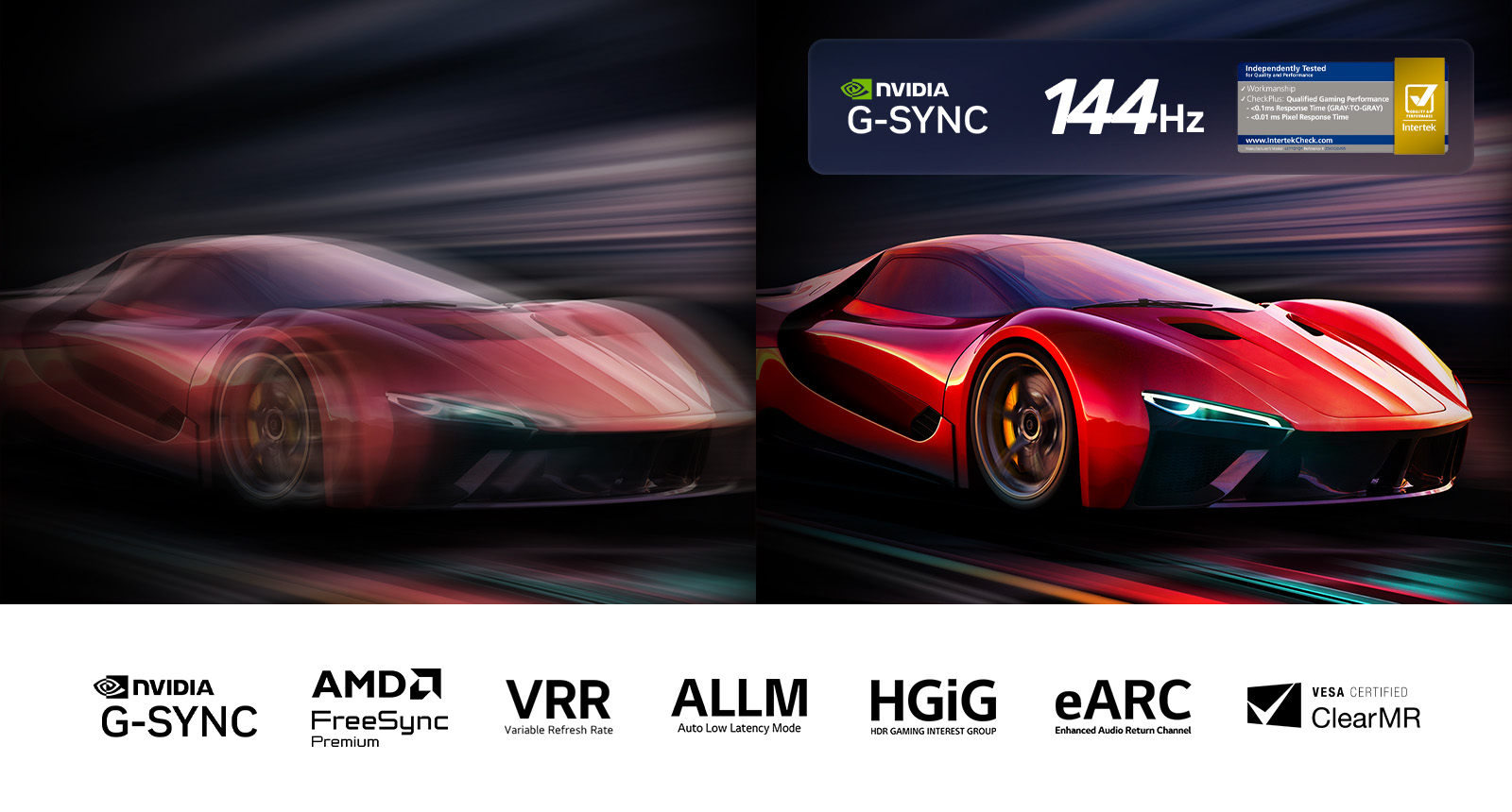 Deux images d’une voiture dans un jeu vidéo côte à côte. Une image affiche beaucoup de flou de mouvement. L’autre est nette, avec une parfaite mise au point, présentant la fréquence d’images élevée de la LG OLED TV. Le logo Nvidia G-Sync, le logo 144&nbsp;Hz et d’autres certifications pertinentes sont visibles. 