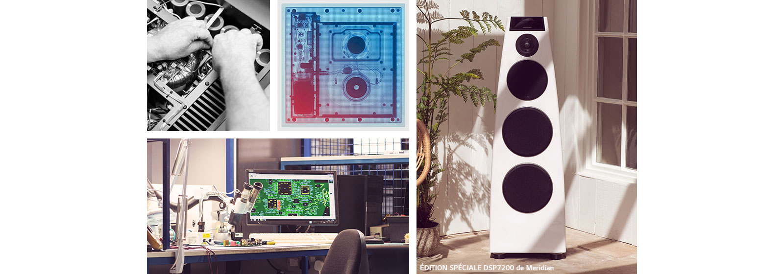 Collage. Dans le sens horaire, à partir de l’extrémité supérieure gauche : deux images du matériel interne de Meridian, une enceinte blanche de Meridian et le bureau de R&D de Meridian  