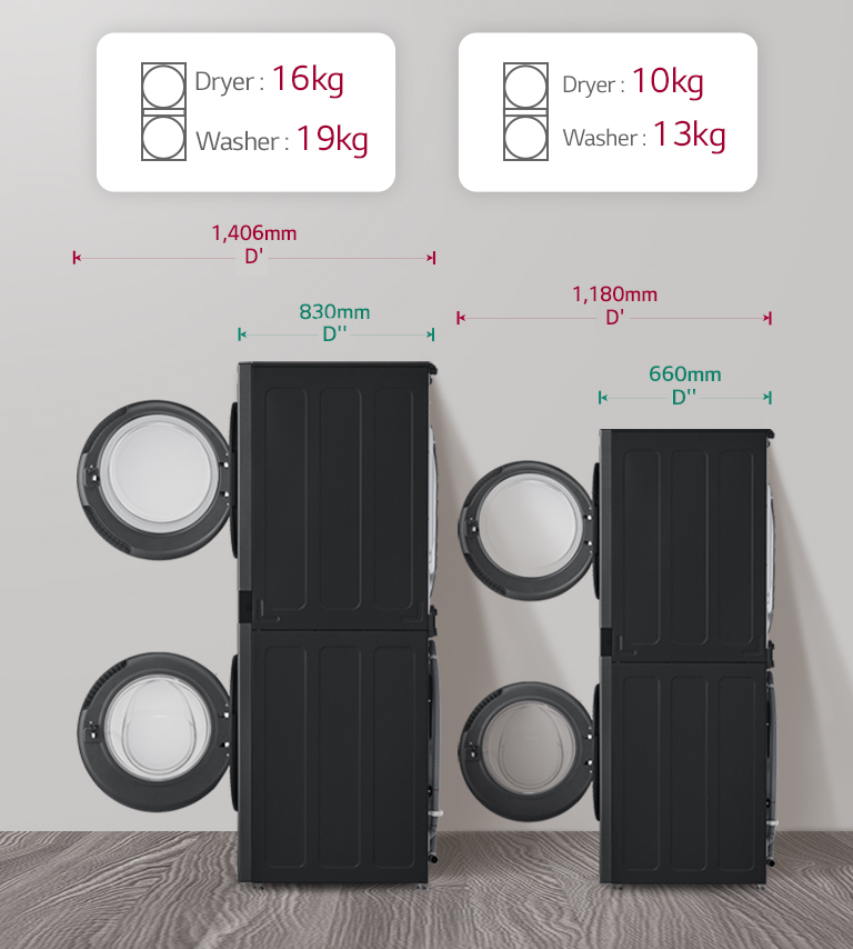 Tour de lavage placé sur un balcon blanc. L'image ci-contre compare la taille et la capacité de la tour de lavage de 27 pouces.