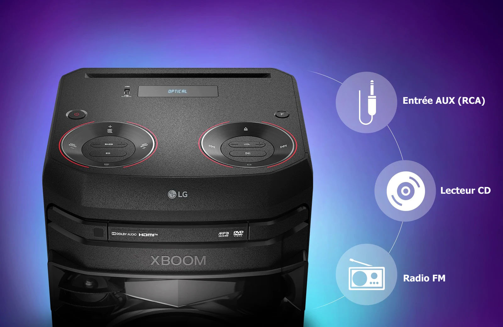 Gros plan du dessus de l’enceinte LG XBOOM autour de laquelle sont affichées les icônes de connectivité.