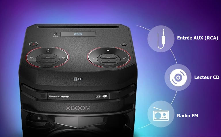 Gros plan du dessus de l’enceinte LG XBOOM autour de laquelle sont affichées les icônes de connectivité.