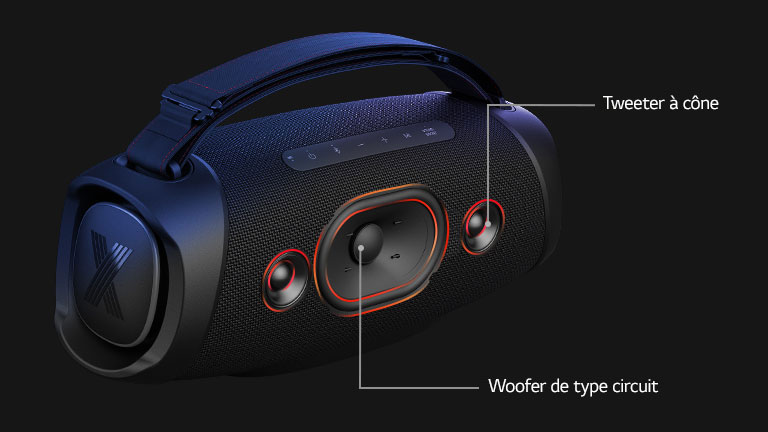 Vue diagonale du LG XBOOM Go XG8T, montrant son woofer de type piste et un Tweeter à dôme.
