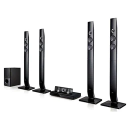 Système Home Cinéma LG série LHD756, doté d’un système Surround 5.1 canaux (4 Tallboy), d’une puissance de sortie de 1 200 W, du Bluetooth, de la radio FM, d’un caisson de basses et d’un lecteur DVD HTS