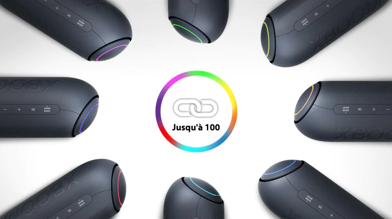 Sur un fond blanc, huit LG XBOOM Go avec différentes lumières sont placés dans un cercle autour d'une symbole de lien.