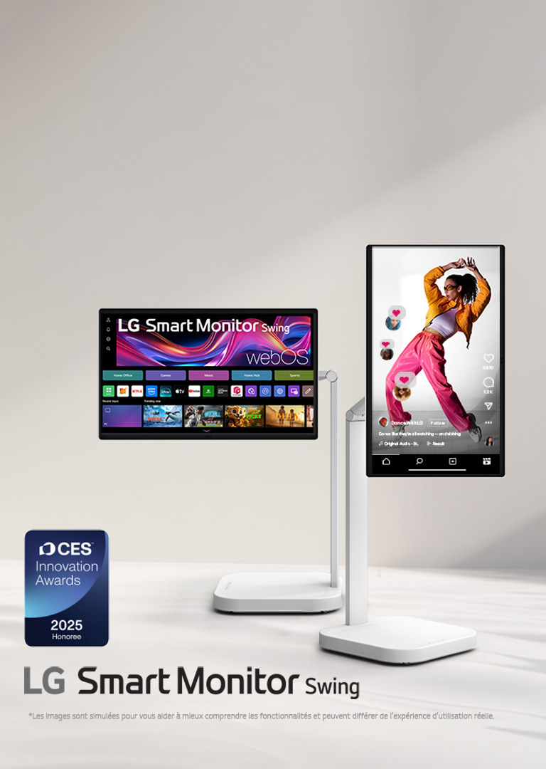Deux écrans LG Smart Monitor Swing sont présentés dans un espace minimaliste. Un écran est positionné horizontalement affichant l’interface webOS, tandis que l’autre est orienté verticalement montrant une image lifestyle. L’emblème des CES Innovation Awards 2025 est visible dans le coin à côté de la marque LG Smart Monitor Swing.