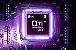 La TV LG AI est dotée d’un processeur alpha 11 AI 4K Gen3 avec Dual AI Engine, une puce de processeur qui brille de lumière violette sur une carte de circuit imprimé sombre, mettant en valeur ses performances d’IA avancées et son traitement intelligent des images.