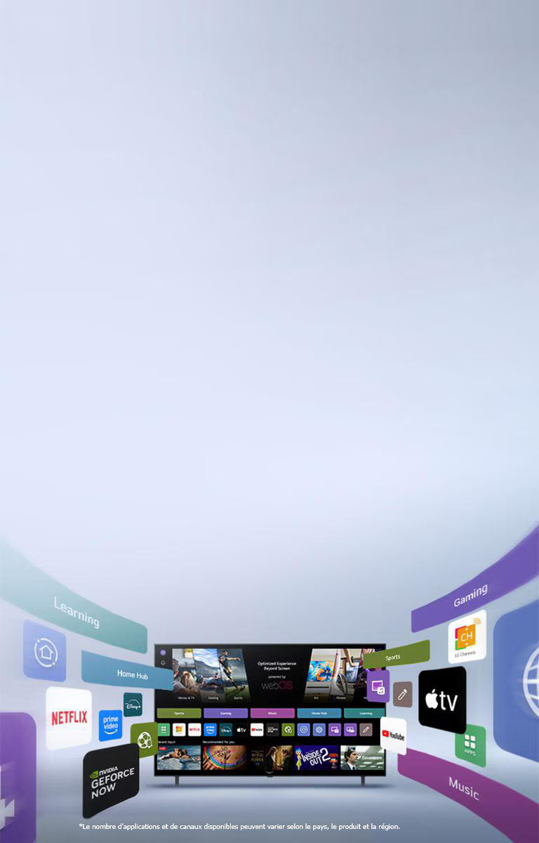 LG Smart TV affichant l’écran d’accueil webOS avec des applications de divertissement et des éléments d’interface utilisateur LG Channels qui s’étendent de manière dynamique vers l’extérieur, mettant en valeur plus de 4 000 applications et chaînes internationales.