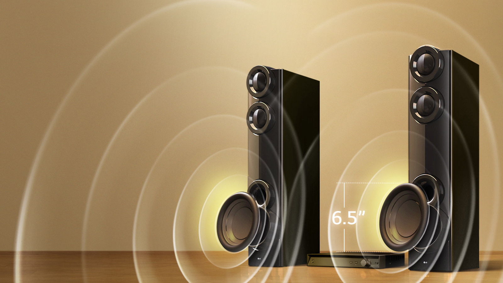 Enceintes LG XBOOM MR7 dotés de deux caissons de basses de 6,5 pouces offrant des basses profondes, avec des détails en surbrillance du woofer et des effets d’ondes sonores