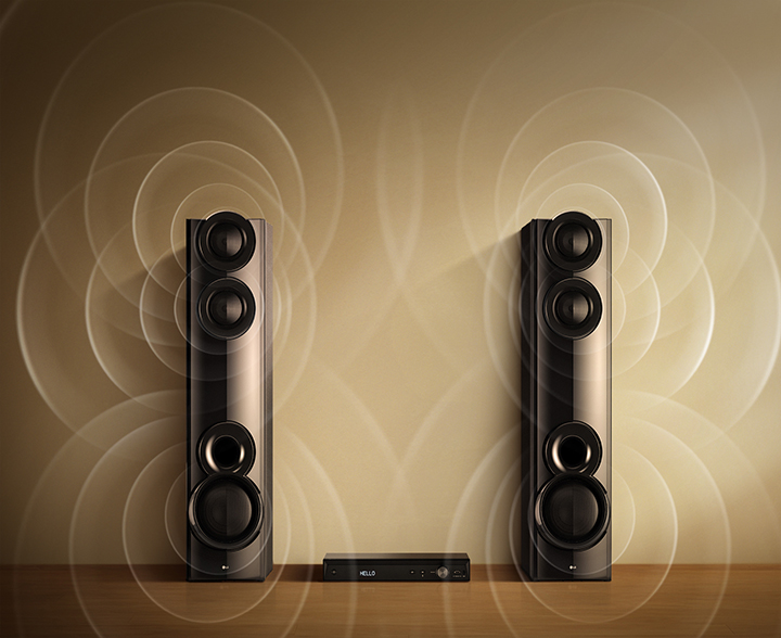 Système audio puissant LG XBOOM MR7 1&nbsp;000&nbsp;W avec enceintes à double colonne et ondes sonores visibles illustrant des performances audio qui remplissent la pièce