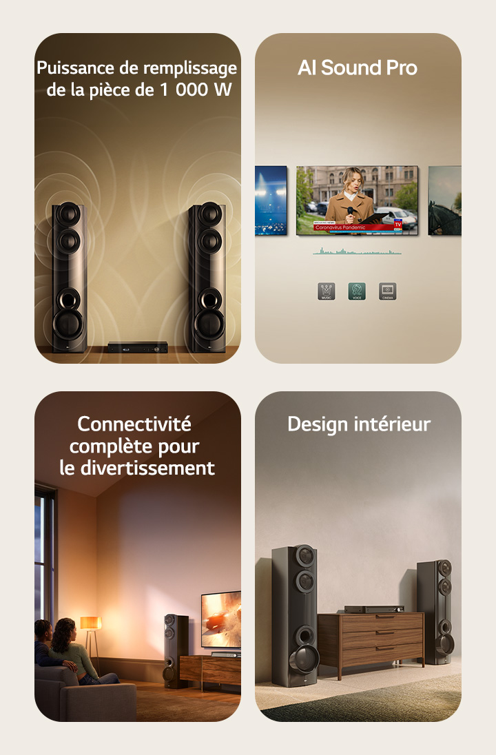 1) Le système audio puissant LG XBOOM MR7 1&nbsp;000&nbsp;W avec enceintes à double colonne et ondes sonores visibles illustrant les performances audio qui remplissent la pièce 2) AI Sound Pro ajustant le contenu audio pour la musique, la voix et le cinéma sur un écran de téléviseur 3) Configuration de divertissement à domicile avec deux enceintes colonne connectées à la TV pour les films et le contenu en streaming 4) Enceintes à double colonne placées dans un intérieur de salon moderne avec un design peu encombrant