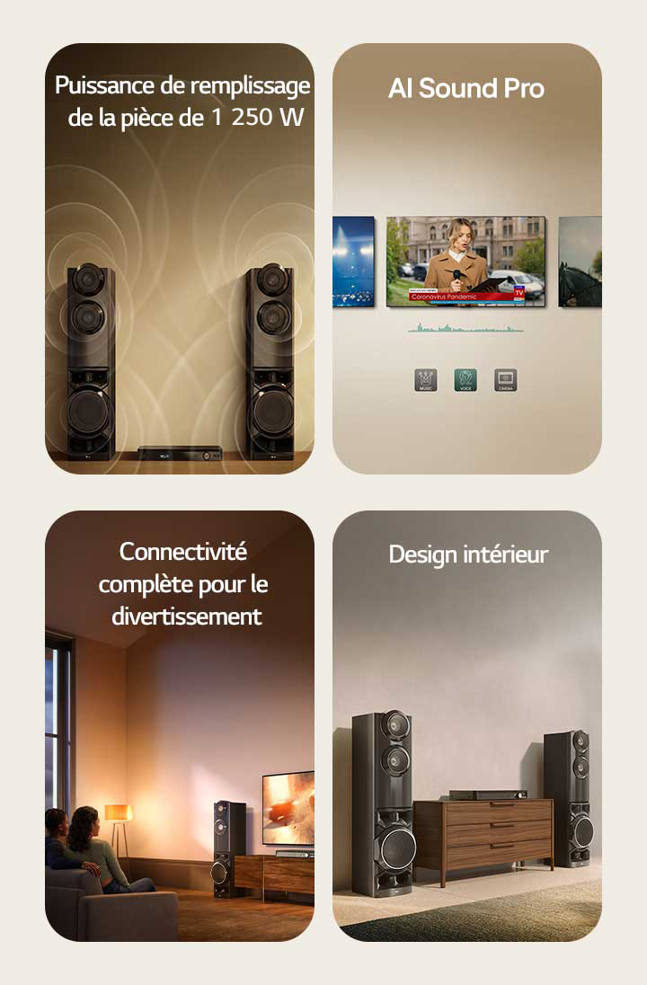 1) Enceintes à double colonnes offrant un son de 1&nbsp;250&nbsp;W avec des ondes sonores visibles dans tout l’espace 2) AI Sound Pro ajustant le contenu audio pour la musique, la voix et le cinéma sur un écran de téléviseur 3) Configuration de divertissement à domicile avec deux enceintes colonne connectées à la TV pour les films et le contenu en streaming 4) Enceintes à double colonne placées dans un intérieur de salon moderne avec un design peu encombrant