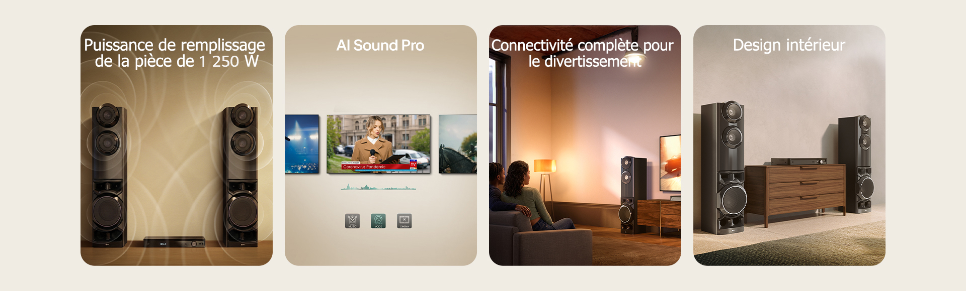 1) Enceintes à double colonnes offrant un son de 1&nbsp;250&nbsp;W avec des ondes sonores visibles dans tout l’espace 2) AI Sound Pro ajustant le contenu audio pour la musique, la voix et le cinéma sur un écran de téléviseur 3) Configuration de divertissement à domicile avec deux enceintes colonne connectées à la TV pour les films et le contenu en streaming 4) Enceintes à double colonne placées dans un intérieur de salon moderne avec un design peu encombrant