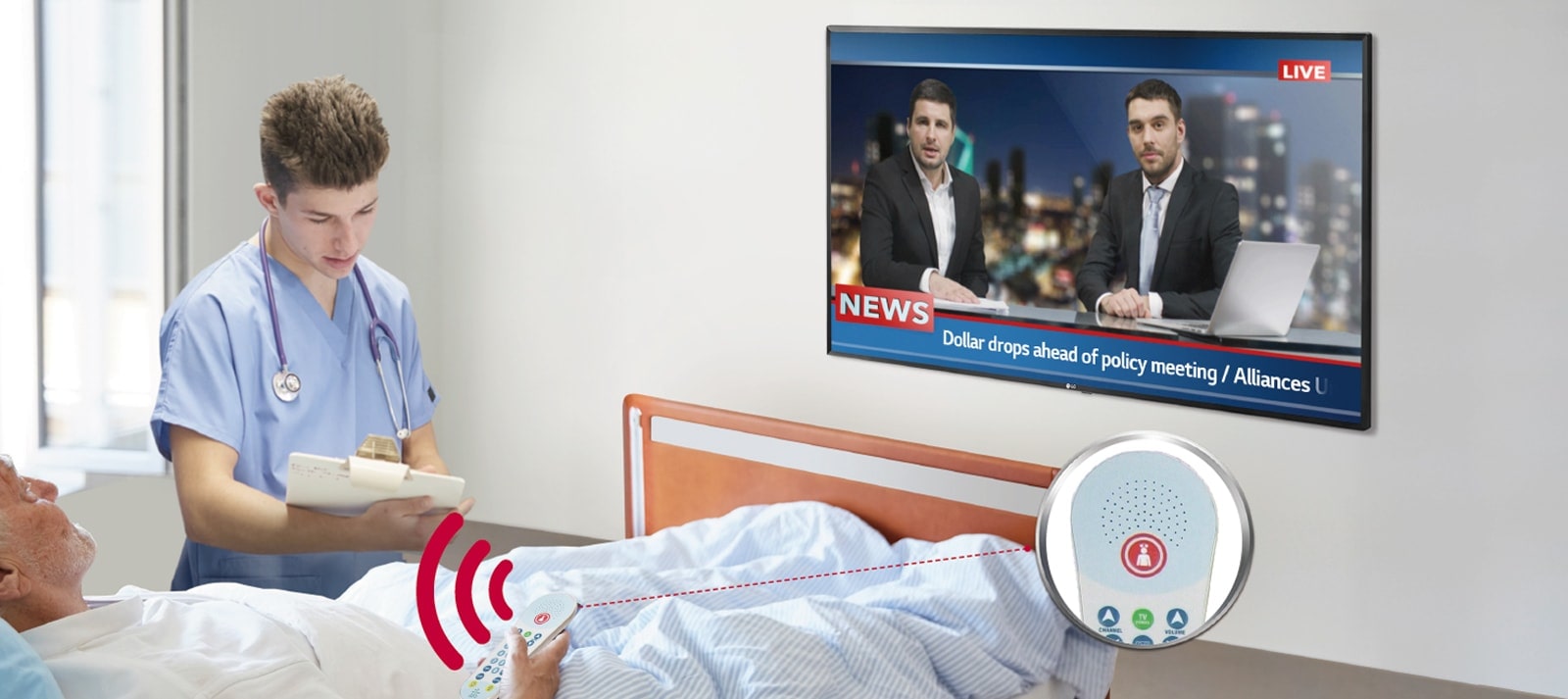 A patient lying in the bed is controlling the TV through a pillow speaker connected to the UT662M.