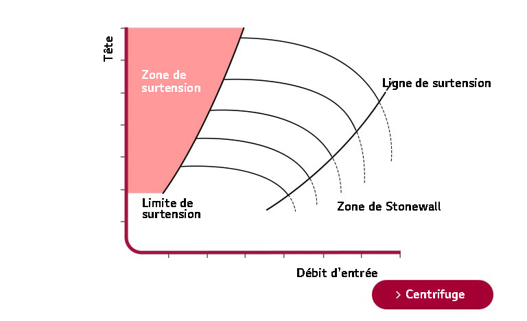 Un graphique trace la Hauteur sur l'axe Y par rapport au Débit d'Arrivée sur l'axe X. Cinq lignes arquées verticales intersectées par deux lignes, avec une zone de surtension rouge indiquée.