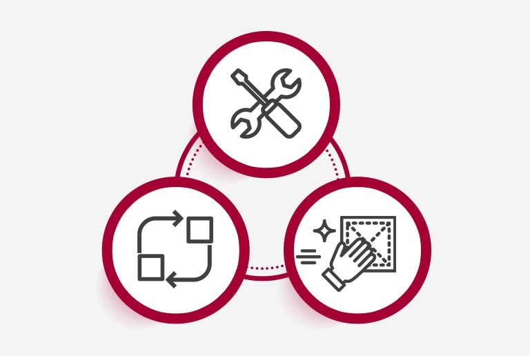 Dans une formation triangulaire, trois cercles présentent une clé et un tournevis en haut, deux rectangles rotatifs à gauche, et une main recouverte d'une serviette.