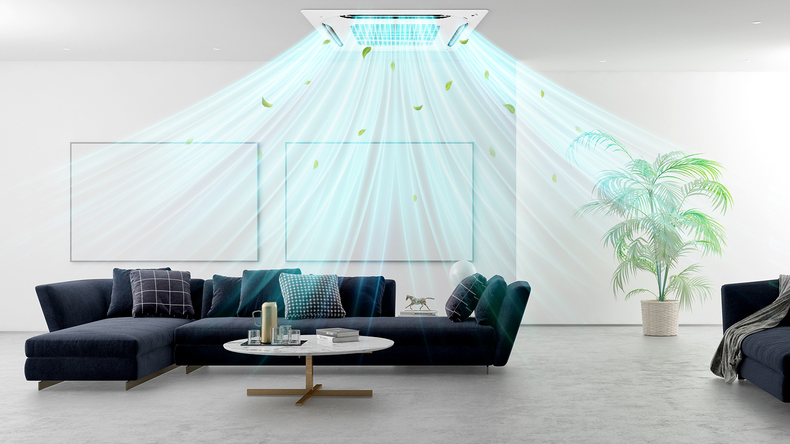 Image d’une cassette à 4 voie encastrée au plafond d’un salon et fournissant un air pur et frais.