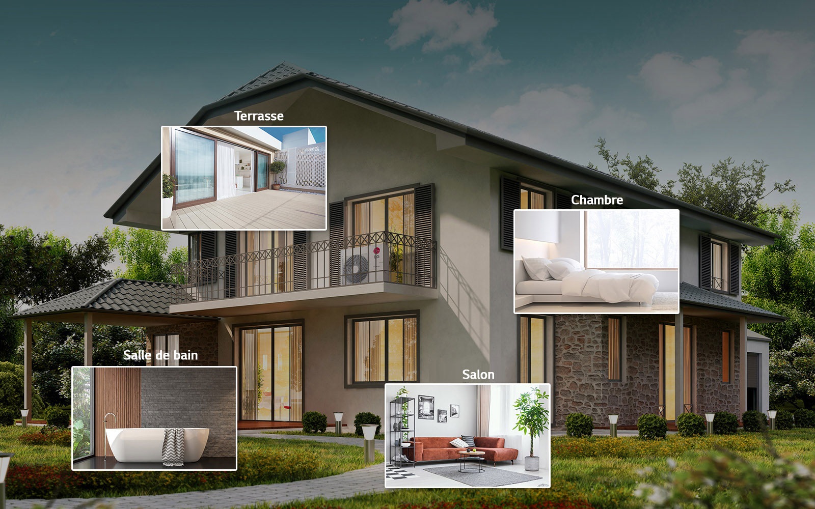 Image d'une maison avec quatre vignettes présentant un salon, une salle de bain, une chambre et une terrasse.