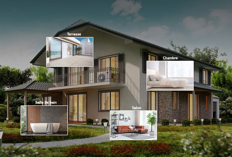 Image d'une maison avec quatre vignettes présentant un salon, une salle de bain, une chambre et une terrasse.