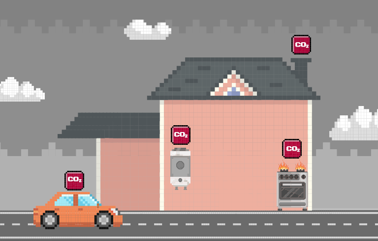 Les deux images se superposent. Dans la première image, le foyer utilise une chaudière qui émet du dioxyde de carbone, tandis que l’autre foyer a adopté l’alimentation entièrement électrique en utilisant des produits LG destinés à l’électrification des foyers.