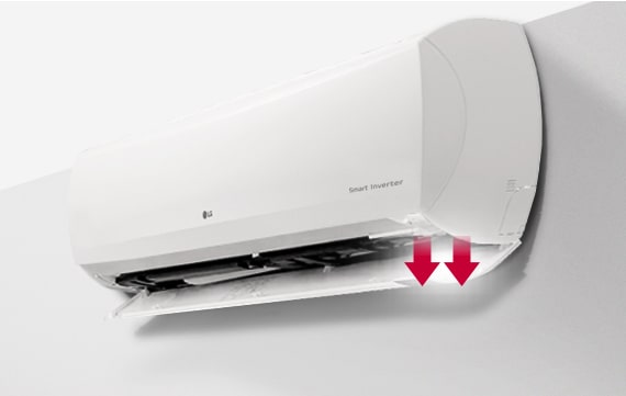 LG Wall Mounted Unit is displayed in a side-front view, with the detachable bottom cover open and two arrows indicating the direction of opening. 