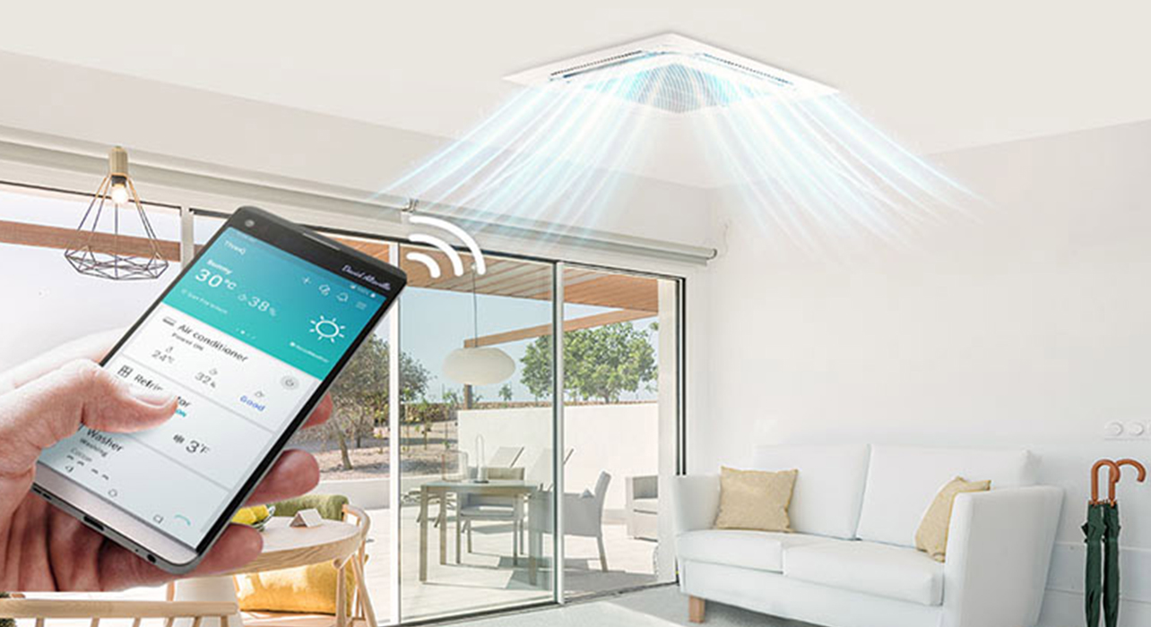 Image d’un smartphone contrôlant un climatiseur à l’aide de LG ThinQ.