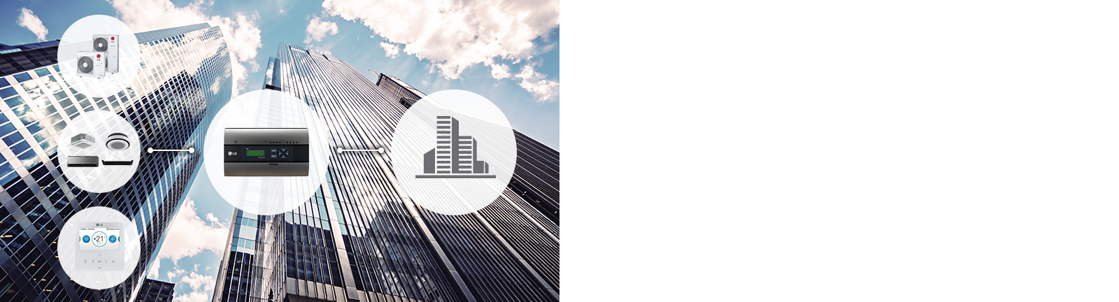Miniatures d'une icône de bâtiment, d'une passerelle BMS et de climatiseurs LG avec des lignes de connexion.