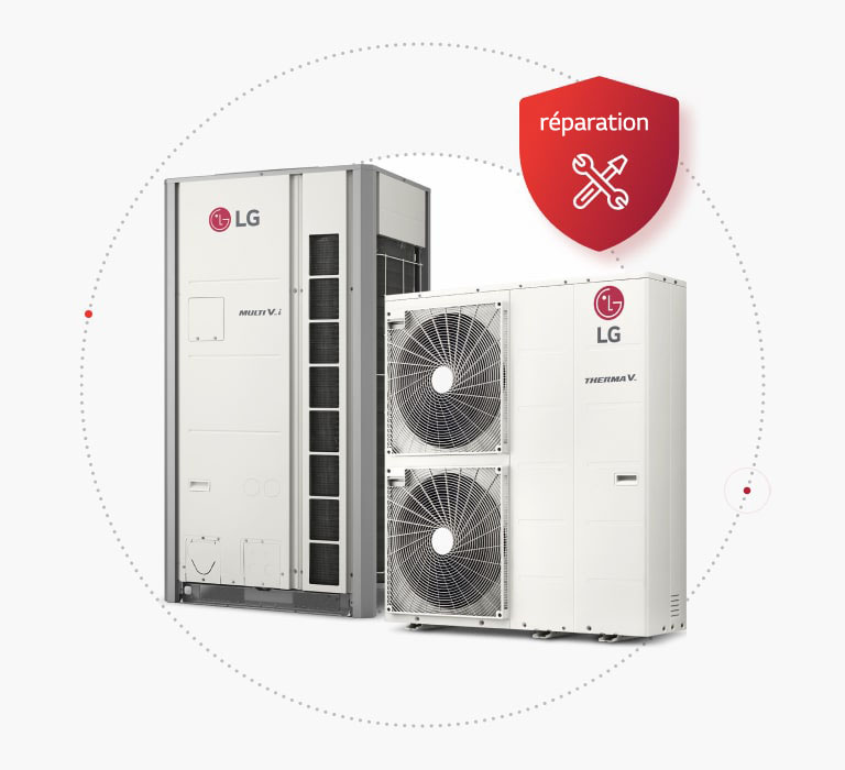 LG MULTI V i and LG Air to Water Heat Pumps Monobloc are laid side by side, badged with a red repair icon on the top right. 