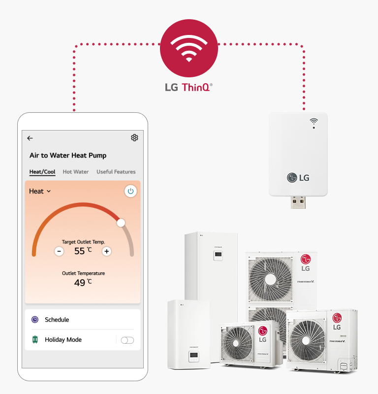 Un smartphone montre l’application LG ThinQ est posé sur la gauche, connecté à une pompe à chaleur Air / Eau LG split et un modem WiFi sur la droite, via une ligne à pointillés.