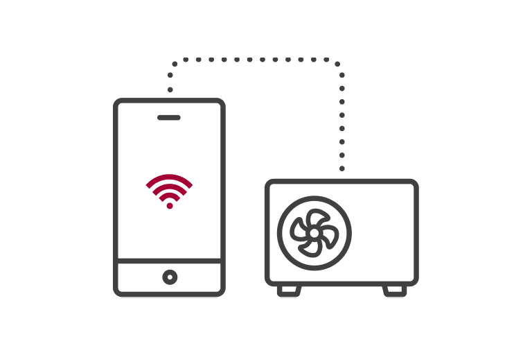Un smartphone affiche le signal de WiFi est posé sur la gauche, connecté à une unité extérieure de pompe à chaleur Air / Eau LG split sur la droite, via une ligne de pointillés.