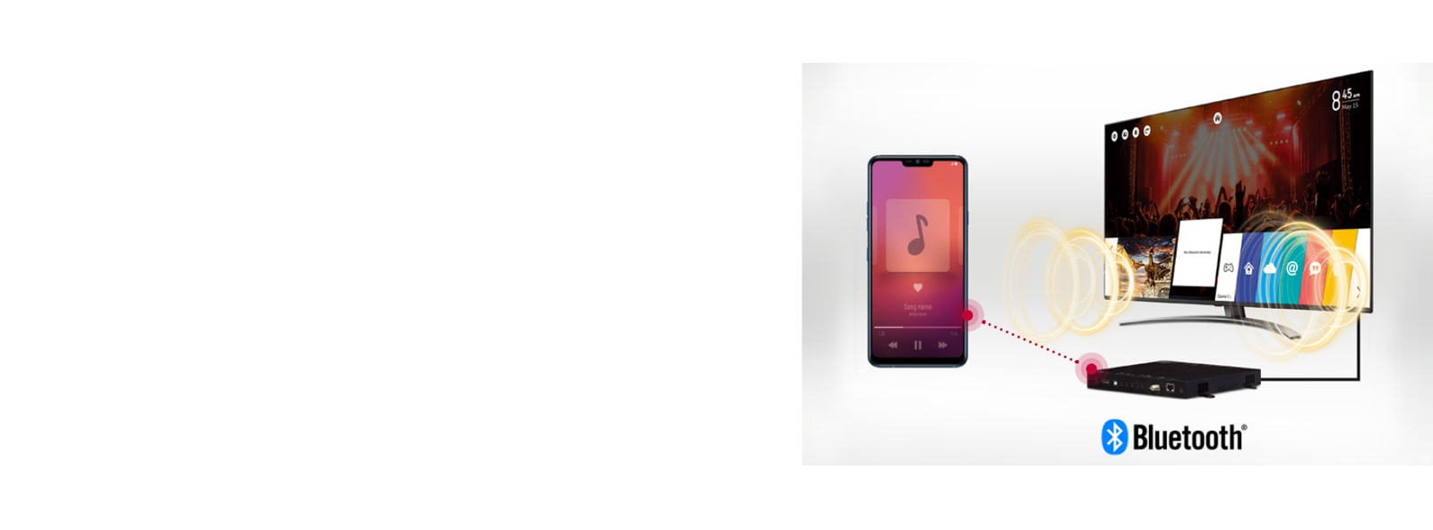 L’appareil mobile et le téléviseur doté de STB6500 sont connectés via Bluetooth, la musique de l’appareil est ainsi diffusée sur le téléviseur.