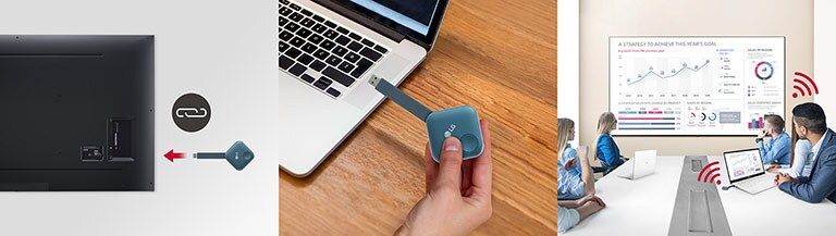 « Cela se compose d’images affichant les instructions en 3 étapes pour l’installation du dongle USB LG One:Quick Share et le partage de l’écran personnel. La première image présente l’appairage du dongle USB et de l’affichage LG. La deuxième image décrit une personne tenant en main le dongle USB et cherchant à le connecter au PC. La dernière image se compose de personnes tenant une réunion en connectant un dispositif dongle USB sur un ordinateur portable, puis en partageant l’écran via l’affichage série UL3J au mur. »
