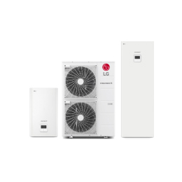 2&nbsp;unités intérieures et 1&nbsp;unité extérieure de la LG Therma&nbsp;V Hydrosplit sont présentées.