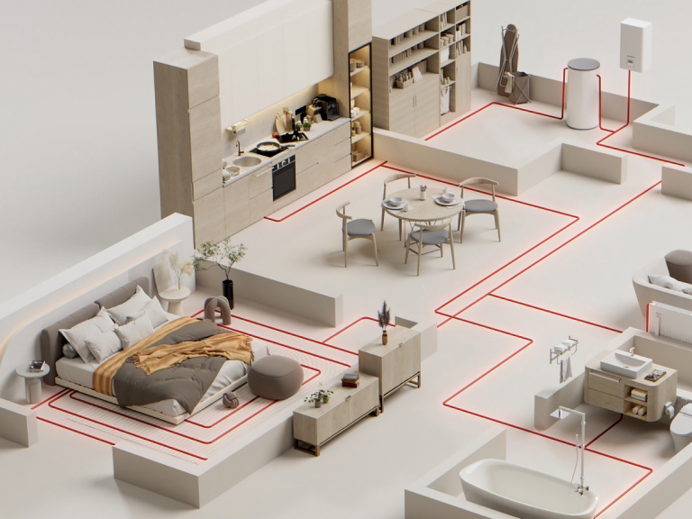 Le système de pompe à chaleur est indiqué par une ligne rouge à l’intérieur d’une maison équipée d’un lit, d’une table et d’un canapé, dessinés en&nbsp;3D.