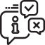 Trois bulles de texte de différentes tailles, chacune avec un contour en noir, contiennent différentes marques, un point d’exclamation, un point d’interrogation et une coche, respectivement.