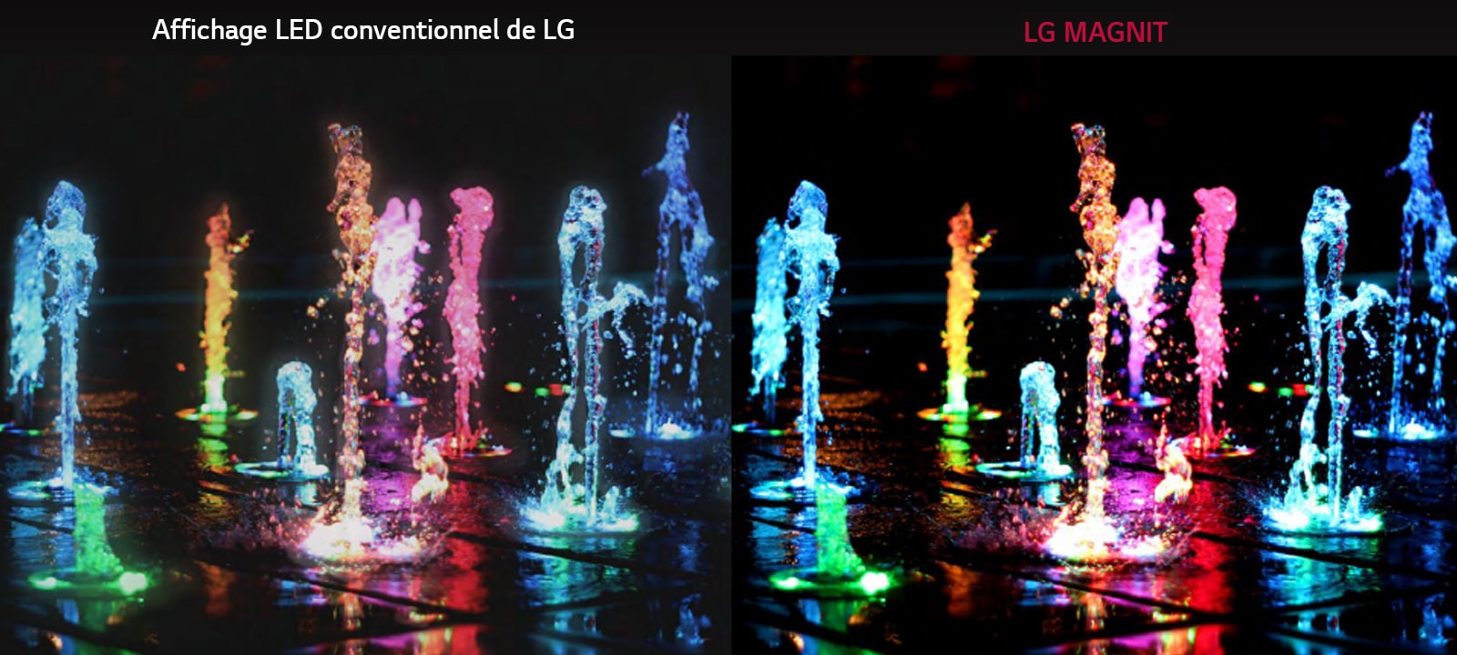 Fontaine au sol de couleurs différentes pour montrer la différence entre l’affichage LED conventionnel de LG et le MAGNIT au sujet du rapport de contraste et du caractère distinctif