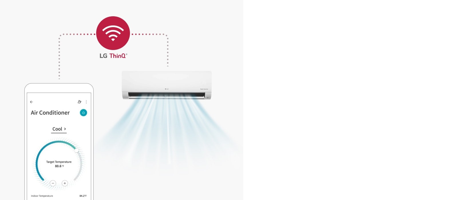 A smartphone showing the LG ThinQ app sits on the left, connected to an LG Wall-mounted unit housed in an outline on the right via a dotted line.
