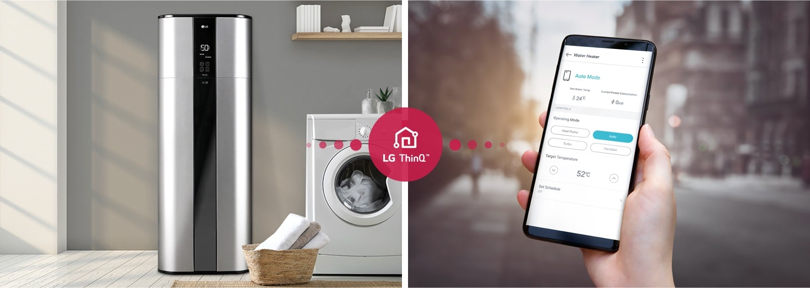 Au centre un cercle rouge portant le logo LG ThinQ, à gauche un chauffe-eau LG avec un lave-linge et un smartphone qui affiche la température du chauffe-eau à droite.