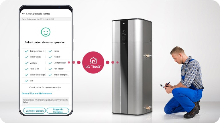 Les résultats de la fonction Smart Diagnosis présentent un smartphone à gauche, lié à un chauffe-eau LG via un cercle en pointillés, et un homme qui tient un stylo à droite.