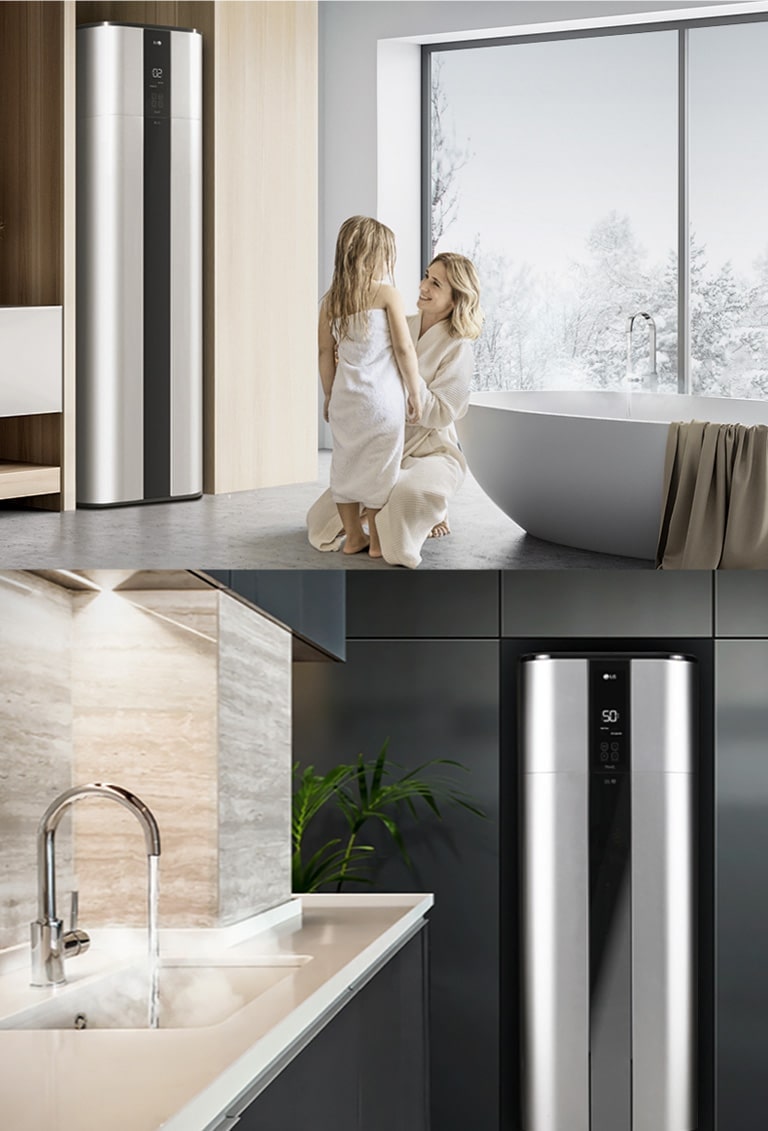 Une mère souriante et sa fille dans la salle de bains avec une baignoire et un chauffe-eau ; la moitié droite présente un chauffe-eau LG et un évier.