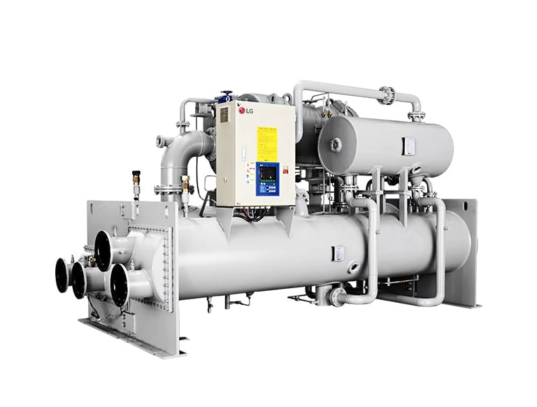 LG Ice Thermal Storage Centrifugal Chiller, showcased in a light grey hue, consists of a series of linear and cylindrical pipe assemblies.