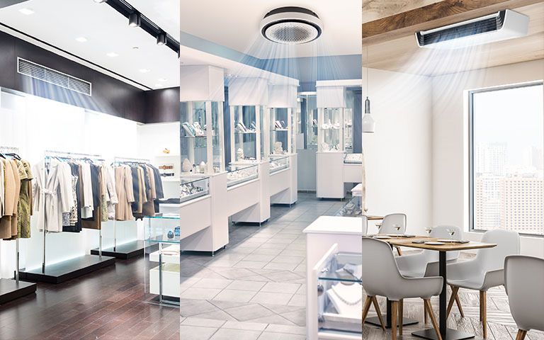 Trois images d'un magasin de vêtements, d'une bijouterie et d'un restaurant avec la climatisation en marche.