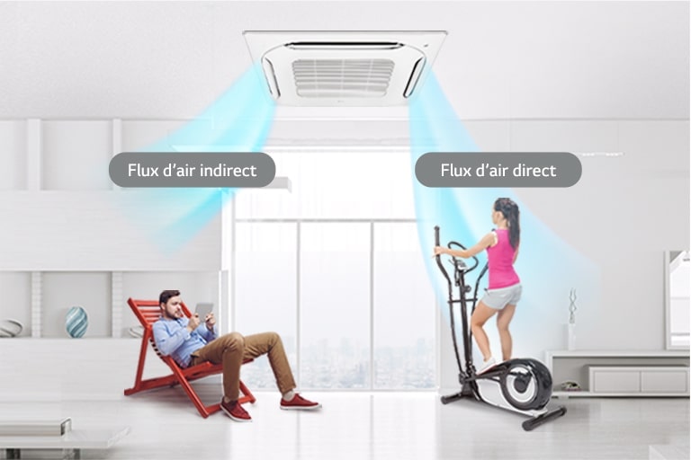 Image of a man sitting on a chair and a woman exercising in the living room with air on a 4 way cassette.